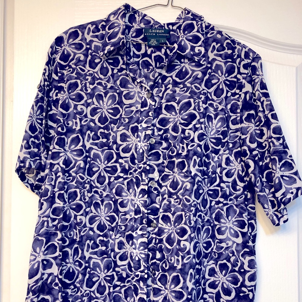 Ralph Lauren size 14 blue and white tropical floral shirt